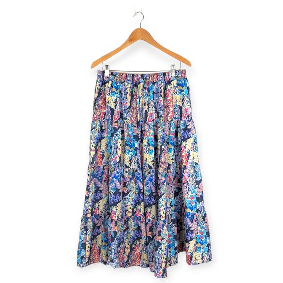 AQUA Flower‎ Print Tiered Drawstring Midi Skirt Size Large Coquette Feminine - Picture 2 of 9